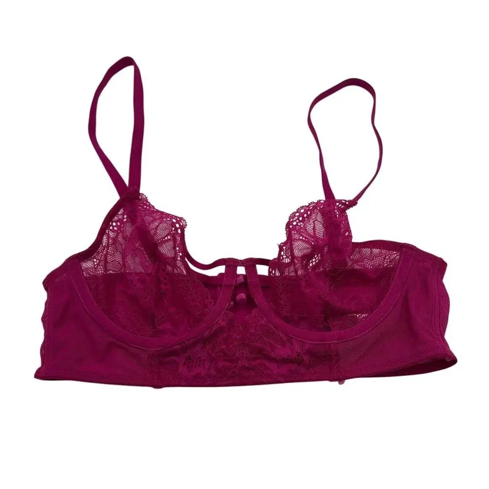 Adore Me Bra Longline Lace Strappy Balconette Underwire Back Closure Pink 32C